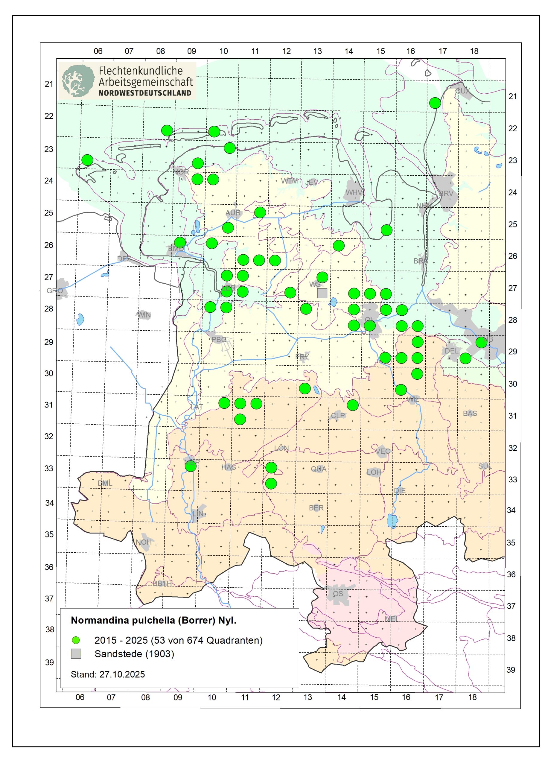 Aktuelle Verbreitungskarte von Normandina pulchella auf Ebene von Quadranten der Messtischblätter 1:25.000